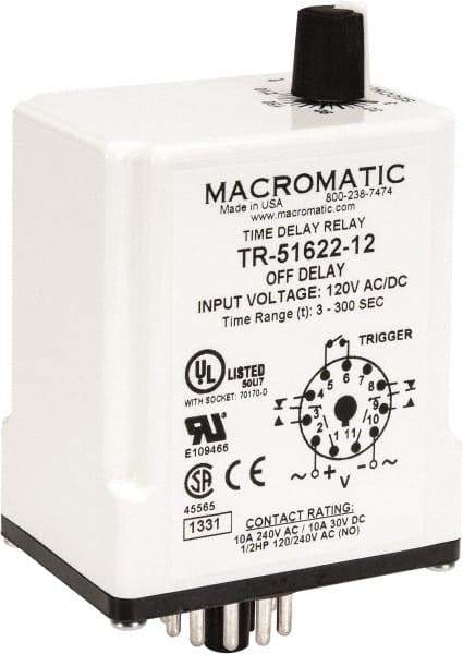 Macromatic - 11 Pin, Multiple Range DPDT Time Delay Relay - 10 Contact Amp, 120 VAC/VDC, Knob - Industrial Tool & Supply