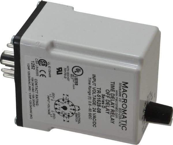 Macromatic - 11 Pin, Multiple Range DPDT Time Delay Relay - 10 Contact Amp, 24 VAC/VDC, Knob - Industrial Tool & Supply