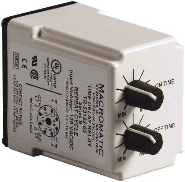 Macromatic - 8 Pin, Multiple Range DPDT Time Delay Relay - 10 Contact Amp, 24 VAC/VDC, Knob - Industrial Tool & Supply