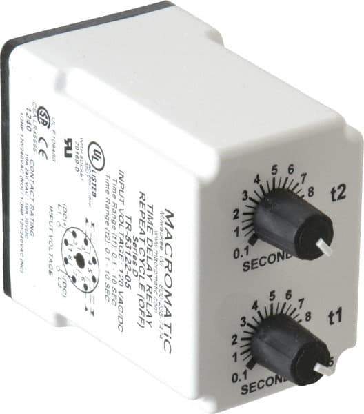 Macromatic - 8 Pin, Multiple Range DPDT Time Delay Relay - 10 Contact Amp, 120 VAC/VDC, Knob - Industrial Tool & Supply
