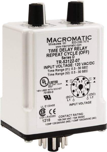 Macromatic - 8 Pin, Multiple Range DPDT Time Delay Relay - 10 Contact Amp, 120 VAC/VDC, Knob - Industrial Tool & Supply