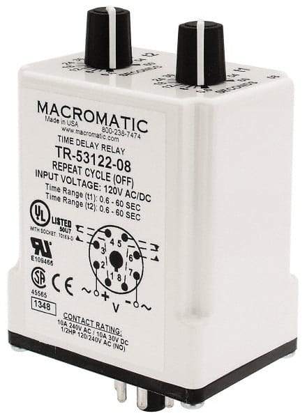 Macromatic - 8 Pin, Multiple Range DPDT Time Delay Relay - 10 Contact Amp, 120 VAC/VDC, Knob - Industrial Tool & Supply