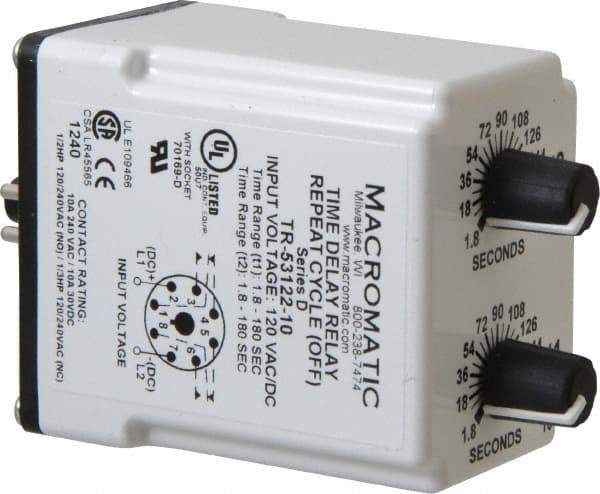 Macromatic - 8 Pin, Multiple Range DPDT Time Delay Relay - 10 Contact Amp, 120 VAC/VDC, Knob - Industrial Tool & Supply