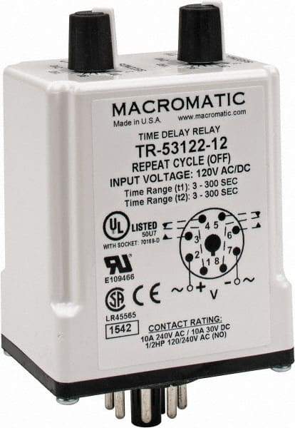 Macromatic - 8 Pin, Multiple Range DPDT Time Delay Relay - 10 Contact Amp, 120 VAC/VDC, Knob - Industrial Tool & Supply