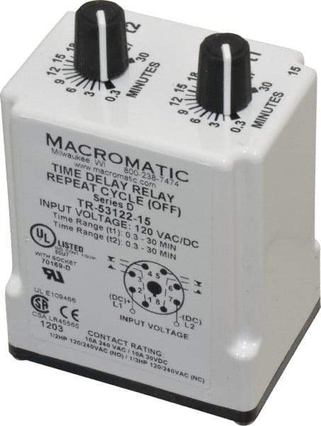 Macromatic - 8 Pin, 30 min Delay, Multiple Range DPDT Time Delay Relay - 10 Contact Amp, 120 VAC/VDC, Knob - Industrial Tool & Supply