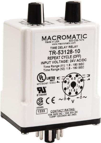 Macromatic - 8 Pin, Multiple Range DPDT Time Delay Relay - 10 Contact Amp, 24 VAC/VDC, Knob - Industrial Tool & Supply