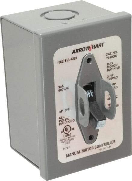 Cooper Wiring Devices - 3 Poles, 30 Amp, 3PST, NEMA, Enclosed Manual Motor Starter - 66.8mm Wide x 118.62mm Deep x 112.27mm High, 15 hp at 480 V, 15 hp at 600 V, 3 hp at 120 V & 7-1/2 hp at 240 V, CSA C22.2 No. 14, NEMA 1 & UL 508 - Industrial Tool & Supply