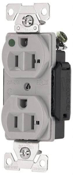 Cooper Wiring Devices - 125 VAC, 20 Amp, 5-20R NEMA Configuration, Gray, Hospital Grade, Self Grounding Duplex Receptacle - 1 Phase, 2 Poles, 3 Wire, Flush Mount, Antimicrobial, Chemical and Impact Resistant - Industrial Tool & Supply
