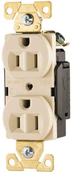 Cooper Wiring Devices - 125 VAC, 15 Amp, 5-15R NEMA Configuration, Ivory, Industrial Grade, Self Grounding Duplex Receptacle - 1 Phase, 2 Poles, 3 Wire, Flush Mount, Antimicrobial, Chemical and Impact Resistant - Industrial Tool & Supply