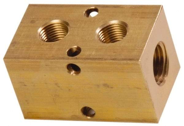 Made in USA - 1/4" Inlet, 1/8" Outlet Manifold - 1-3/4" Long x 1" Wide x 1" High, 0.17" Mount Hole, 2 Inlet Ports, 2 Outlet Ports - Industrial Tool & Supply