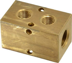 Made in USA - 3/8" Inlet, 1/4" Outlet Manifold - 2.13" Long x 1-1/4" Wide x 1-1/4" High, 0.2" Mount Hole, 2 Inlet Ports, 2 Outlet Ports - Industrial Tool & Supply