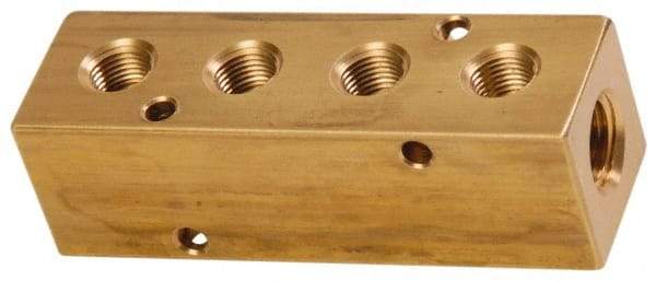 Made in USA - 1/2" Inlet, 3/8" Outlet Manifold - 4-3/4" Long x 1-1/2" Wide x 1-1/2" High, 0.2" Mount Hole, 2 Inlet Ports, 4 Outlet Ports - Industrial Tool & Supply