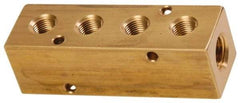 Made in USA - 1/2" Inlet, 3/8" Outlet Manifold - 4-3/4" Long x 1-1/2" Wide x 1-1/2" High, 0.2" Mount Hole, 2 Inlet Ports, 4 Outlet Ports - Industrial Tool & Supply