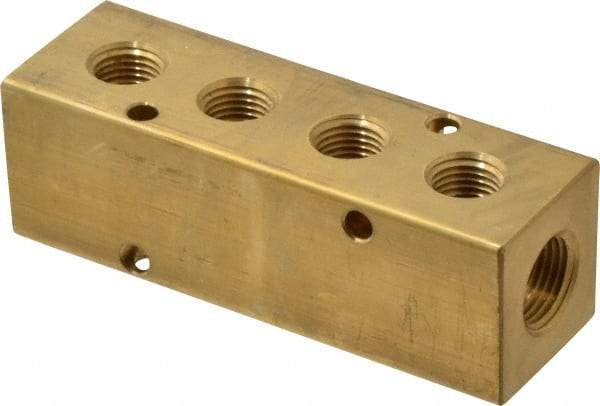 Made in USA - 3/8" Inlet, 1/4" Outlet Manifold - 3.88" Long x 1-1/4" Wide x 1-1/4" High, 0.2" Mount Hole, 2 Inlet Ports, 4 Outlet Ports - Industrial Tool & Supply