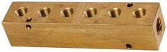 Made in USA - 1/2" Inlet, 3/8" Outlet Manifold - 6-3/4" Long x 1-1/2" Wide x 1-1/2" High, 0.2" Mount Hole, 2 Inlet Ports, 6 Outlet Ports - Industrial Tool & Supply