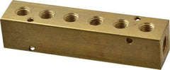 Made in USA - 3/8" Inlet, 1/4" Outlet Manifold - 5.63" Long x 1-1/4" Wide x 1-1/4" High, 0.2" Mount Hole, 2 Inlet Ports, 6 Outlet Ports - Industrial Tool & Supply