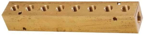 Made in USA - 1/4" Inlet, 1/8" Outlet Manifold - 6-1/4" Long x 1" Wide x 1" High, 0.17" Mount Hole, 2 Inlet Ports, 8 Outlet Ports - Industrial Tool & Supply
