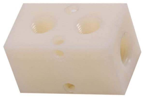 Made in USA - 1/2" Inlet, 3/8" Outlet Manifold - 2-3/4" Long x 1-1/2" Wide x 1-1/2" High, 0.2" Mount Hole, 2 Inlet Ports, 2 Outlet Ports - Industrial Tool & Supply