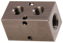 Made in USA - 1/2" Inlet, 3/8" Outlet Manifold - 2-3/4" Long x 1-1/2" Wide x 1-1/2" High, 0.2" Mount Hole, 2 Inlet Ports, 2 Outlet Ports - Industrial Tool & Supply