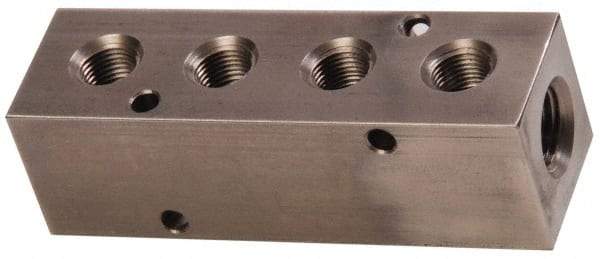 Made in USA - 1/2" Inlet, 3/8" Outlet Manifold - 4-3/4" Long x 1-1/2" Wide x 1-1/2" High, 0.2" Mount Hole, 2 Inlet Ports, 4 Outlet Ports - Industrial Tool & Supply