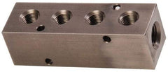 Made in USA - 1/4" Inlet, 1/8" Outlet Manifold - 3-1/4" Long x 1" Wide x 1" High, 0.17" Mount Hole, 2 Inlet Ports, 4 Outlet Ports - Industrial Tool & Supply