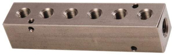 Made in USA - 1/4" Inlet, 1/8" Outlet Manifold - 4-3/4" Long x 1" Wide x 1" High, 0.17" Mount Hole, 2 Inlet Ports, 6 Outlet Ports - Industrial Tool & Supply