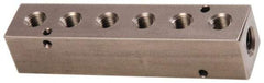 Made in USA - 1/4" Inlet, 1/8" Outlet Manifold - 4-3/4" Long x 1" Wide x 1" High, 0.17" Mount Hole, 2 Inlet Ports, 6 Outlet Ports - Industrial Tool & Supply