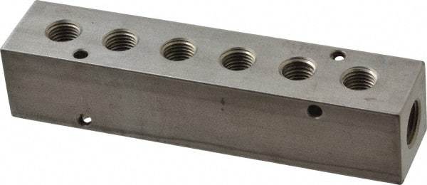 Made in USA - 3/8" Inlet, 1/4" Outlet Manifold - 5.88" Long x 1-1/4" Wide x 1-1/4" High, 0.2" Mount Hole, 2 Inlet Ports, 6 Outlet Ports - Industrial Tool & Supply