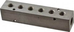 Made in USA - 3/8" Inlet, 1/4" Outlet Manifold - 5.88" Long x 1-1/4" Wide x 1-1/4" High, 0.2" Mount Hole, 2 Inlet Ports, 6 Outlet Ports - Industrial Tool & Supply