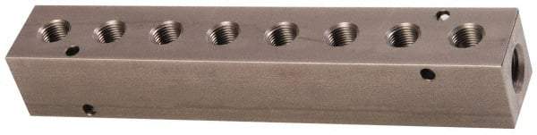 Made in USA - 1/4" Inlet, 1/8" Outlet Manifold - 6-1/4" Long x 1" Wide x 1" High, 0.17" Mount Hole, 2 Inlet Ports, 8 Outlet Ports - Industrial Tool & Supply