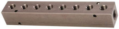 Made in USA - 3/8" Inlet, 1/4" Outlet Manifold - 7.63" Long x 1-1/4" Wide x 1-1/4" High, 0.2" Mount Hole, 2 Inlet Ports, 8 Outlet Ports - Industrial Tool & Supply