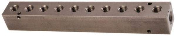 Made in USA - 1/4" Inlet, 1/8" Outlet Manifold - 7-3/4" Long x 1" Wide x 1" High, 0.17" Mount Hole, 2 Inlet Ports, 10 Outlet Ports - Industrial Tool & Supply