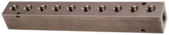 Made in USA - 1/4" Inlet, 1/8" Outlet Manifold - 7-3/4" Long x 1" Wide x 1" High, 0.17" Mount Hole, 2 Inlet Ports, 10 Outlet Ports - Industrial Tool & Supply