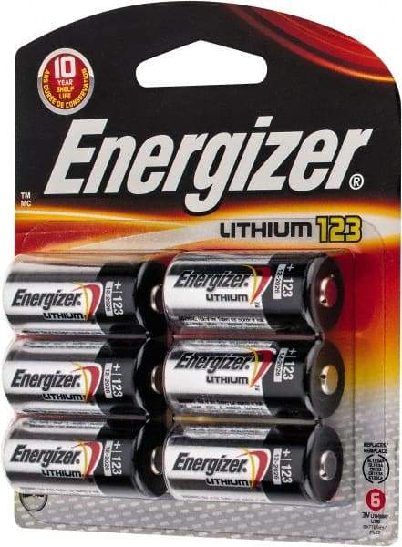 Energizer - Size 123, Lithium, 6 Pack, Photo Battery - 3 Volts, Flat Terminal, CR17345, ANSI, IEC Regulated - Industrial Tool & Supply