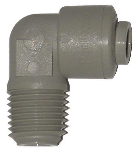 Parker - 3/8" Outside Diam, 1/4 NPTF, Acetal Push-to-Connect Tube Male Swivel Elbow - 300 Max psi, Gray - Industrial Tool & Supply