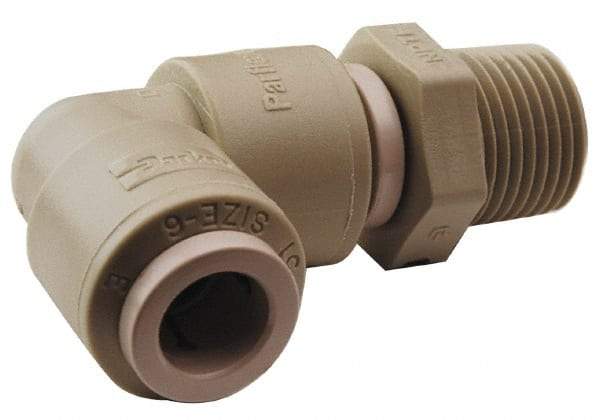 Parker - 5/16" Outside Diam, 3/8 NPTF, Acetal Push-to-Connect Tube Male Elbow - 300 Max psi, Tan - Industrial Tool & Supply