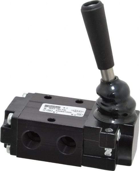 Parker - 0.83 CV Rate, 1/4" NPT Inlet Direct Air 4 Mechanical Spool Valve - 3 Way, 2 Position NC, 150 Max psi, Lever Manual Return - Industrial Tool & Supply