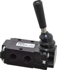 Parker - 0.83 CV Rate, 1/4" NPT Inlet Direct Air 4 Mechanical Spool Valve - 3 Way, 2 Position NC, 150 Max psi, Lever Manual Return - Industrial Tool & Supply