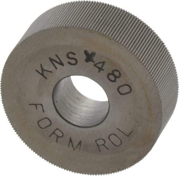 Made in USA - 3/4" Diam, 70° Tooth Angle, 80 TPI, Standard (Shape), Form Type Cobalt Straight Knurl Wheel - 1/4" Face Width, 1/4" Hole, Circular Pitch, Bright Finish, Series KN - Exact Industrial Supply