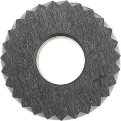 Made in USA - 5/8" Diam, 90° Tooth Angle, 16 TPI, Standard (Shape), Form Type Cobalt Left-Hand Diagonal Knurl Wheel - 1/4" Face Width, 1/4" Hole, Circular Pitch, 30° Helix, Bright Finish, Series GK - Exact Industrial Supply