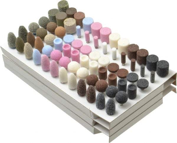 Grier Abrasives - 72 Piece Aluminum Oxide Vitrified Mounted Stone Abrasive Point Set - Includes Shapes B & W, Coarse, Medium & Fine Grade, 1/8" Diam x 1-1/2" Long Shank - Industrial Tool & Supply