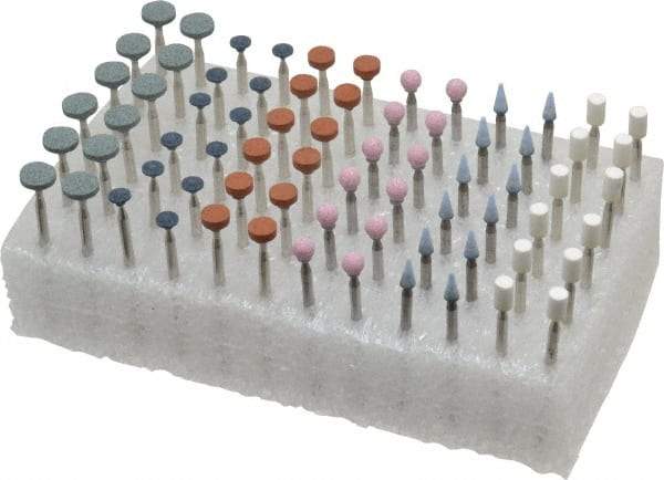 Grier Abrasives - 72 Piece Aluminum Oxide Vitrified Mounted Stone Abrasive Point Set - Fine Grade, 3/32" Diam x 1-1/2" Long Shank - Industrial Tool & Supply