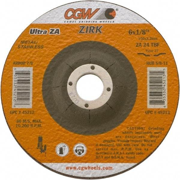 Camel Grinding Wheels - 24 Grit, 9" Wheel Diam, 1/8" Wheel Thickness, Type 27 Depressed Center Wheel - Coarse Grade, Zirconia Alumina, Resinoid Bond, 6,650 Max RPM - Industrial Tool & Supply