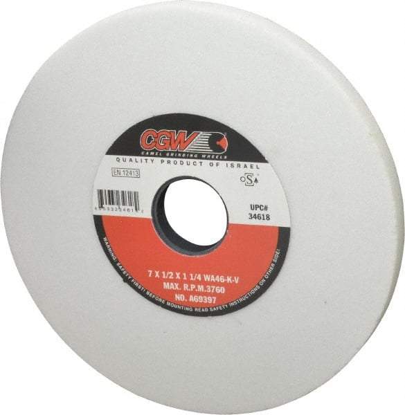 Camel Grinding Wheels - 7" Diam x 1-1/4" Hole x 1/2" Thick, K Hardness, 46 Grit Surface Grinding Wheel - Aluminum Oxide, Type 1, Coarse Grade, 3,760 Max RPM, Vitrified Bond, No Recess - Industrial Tool & Supply