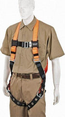 Miller - 400 Lb Capacity, Size Universal, Full Body Construction Safety Harness - Polyester, Tongue Leg Strap, Mating Chest Strap, Orange/Black - Industrial Tool & Supply
