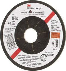 3M - 60 Grit, 4-1/2" Wheel Diam, 1/8" Wheel Thickness, 7/8" Arbor Hole, Type 27 Depressed Center Wheel - Ceramic, 13,300 Max RPM - Industrial Tool & Supply