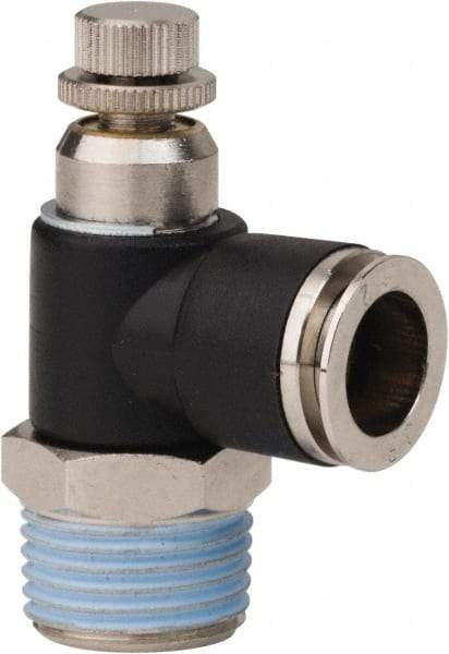 PRO-SOURCE - 1/2" NPT x 1/2" Tube OD Right Angle Flow Control Valve - 0 to 113.76 psi & Techno Polymer, Brass, Steel Material - Industrial Tool & Supply