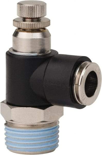 PRO-SOURCE - 1/2" NPT x 3/8" Tube OD Right Angle Flow Control Valve - 0 to 113.76 psi & Techno Polymer, Brass, Steel Material - Industrial Tool & Supply