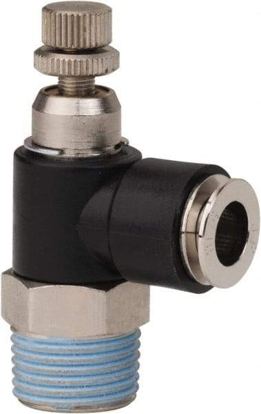 PRO-SOURCE - 3/8" NPT x 5/16" Tube OD Right Angle Flow Control Valve - 0 to 113.76 psi & Techno Polymer, Brass, Steel Material - Industrial Tool & Supply