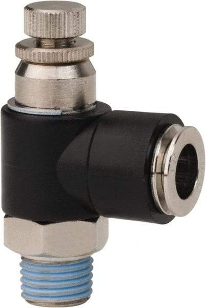 PRO-SOURCE - 1/4" NPT x 3/8" Tube OD Right Angle Flow Control Valve - 0 to 113.76 psi & Techno Polymer, Brass, Steel Material - Industrial Tool & Supply